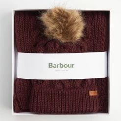Barbour Women's Penshaw Beanie & Scarf Gift Set - Bordeaux -Fashion Lady barbour penshaw hat scf set bord 5 1