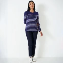 Crew Clothing Women's Button Bretton Long Sleeve Top - Navy/Blue/Peony