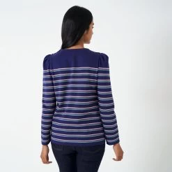 Crew Clothing Women's Button Bretton Long Sleeve Top - Navy/Blue/Peony -Fashion Lady button bretton nvybluepeo 2
