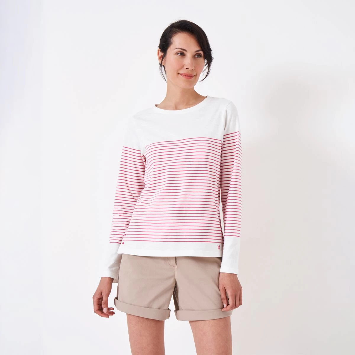 Crew Clothing Women's Cassandra Side Button Breton Top - White/Rose 1 Crew Clothing Women's Cassandra Side Button Breton Top - White/Rose