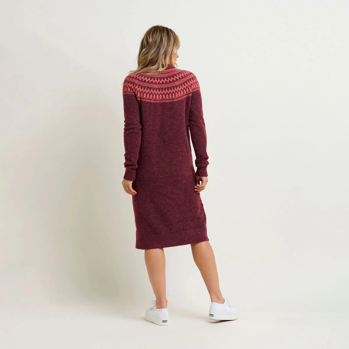 Brakeburn Women's Fairisle Pop Knitted Midi Dress - Burgundy 3 Brakeburn Women's Fairisle Pop Knitted Midi Dress - Burgundy - Image 3