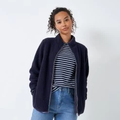 Crew Clothing Women's Full Zip Sherpa Fleece - Navy -Fashion Lady full zip fleece sherpa navy 1 1