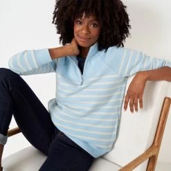 Crew Clothing Women's Half Zip Striped Sweatshirt - Light Blue/White Smoke