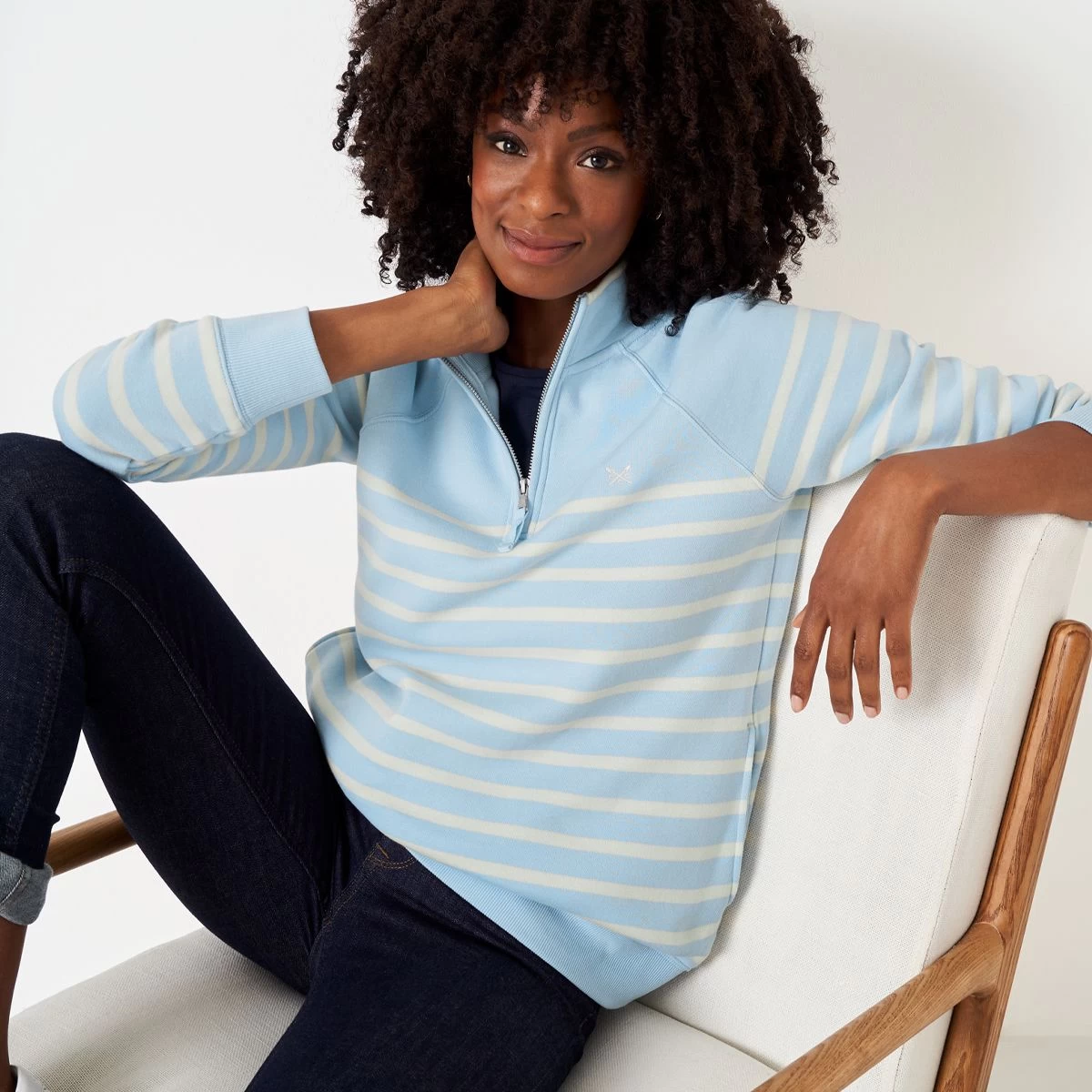 Crew Clothing Women's Half Zip Striped Sweatshirt - Light Blue/White Smoke 1 Crew Clothing Women's Half Zip Striped Sweatshirt - Light Blue/White Smoke