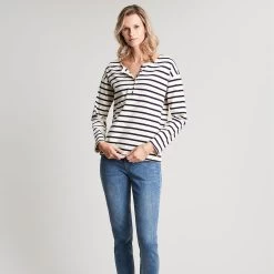 Joules Women's Olive Long Sleeve Henley Top - Navy Creme Stripe 13 Joules Women's Olive Long Sleeve Henley Top - Navy Creme Stripe -Fashion Lady olive creme navy stripe 1 1