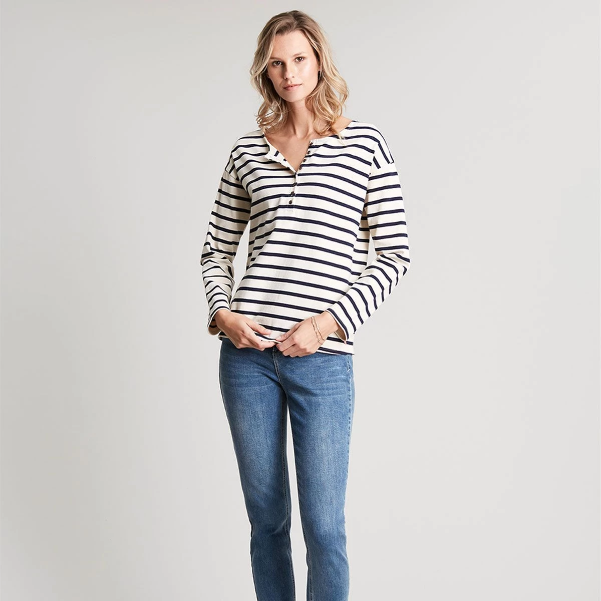 Joules Women's Olive Long Sleeve Henley Top - Navy Creme Stripe 1 Joules Women's Olive Long Sleeve Henley Top - Navy Creme Stripe