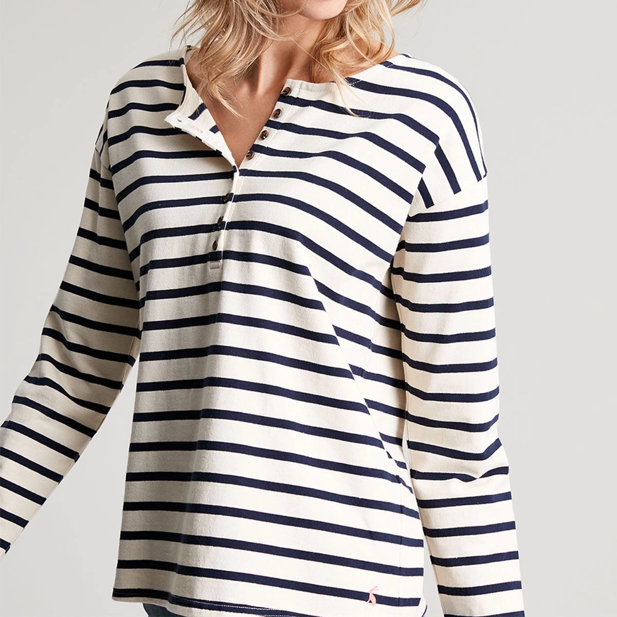 Joules Women's Olive Long Sleeve Henley Top - Navy Creme Stripe 2 Joules Women's Olive Long Sleeve Henley Top - Navy Creme Stripe - Image 2