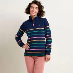 Brakeburn Women's 1/4 Zip Yarn Dyed Stripe Sweatshirt - Navy -Fashion Lady quarter zip sweatshirt navy 1 1