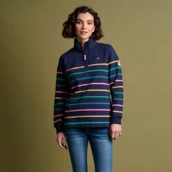Brakeburn Women's 1/4 Zip Yarn Dyed Stripe Sweatshirt - Navy -Fashion Lady quarter zip sweatshirt navy 5