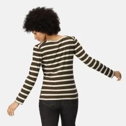 Regatta Women's Federica Striped Long Sleeve Top - Dark Khaki/Light Vanilla -Fashion Lady regatta women s federica striped long sleeve top dark khaki light vanilla 2