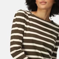 Regatta Women's Federica Striped Long Sleeve Top - Dark Khaki/Light Vanilla -Fashion Lady regatta women s federica striped long sleeve top dark khaki light vanilla 4