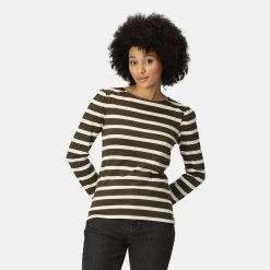 Regatta Women's Federica Striped Long Sleeve Top - Dark Khaki/Light Vanilla -Fashion Lady regatta women s federica striped long sleeve top dark khaki light vanilla 6 1