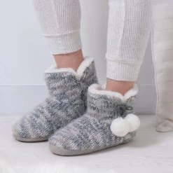 Totes Women's Knit Boot Slippers With Pom Pom - Grey